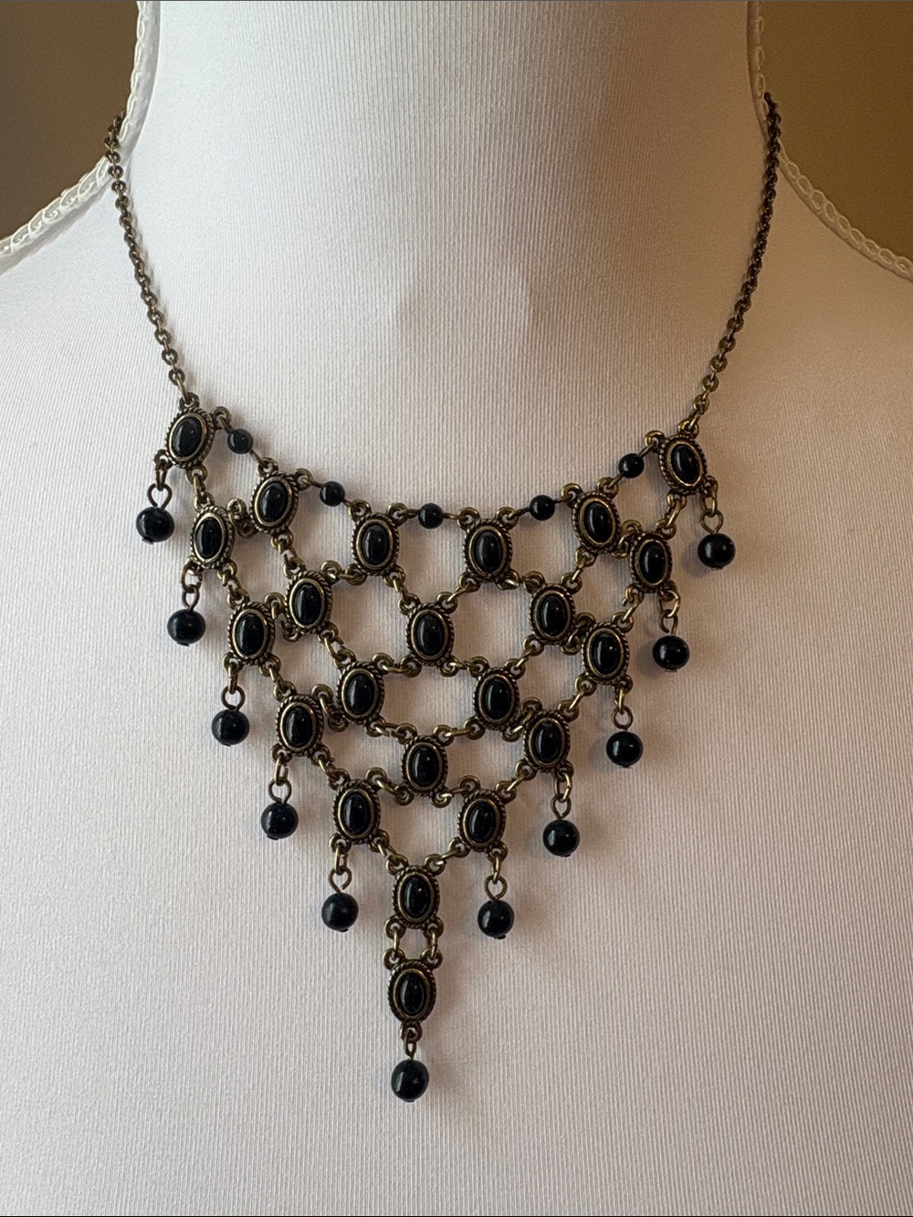 Premier Designs Black Beaded Bib Necklace with Antique Gold-Tone Links